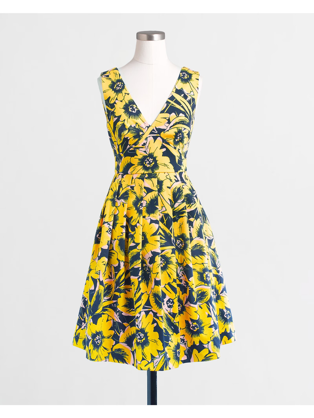 J.Crew Factory Fit & Flare Pleated Summer Mini V Neck Floral Dress Yellow Sz 0